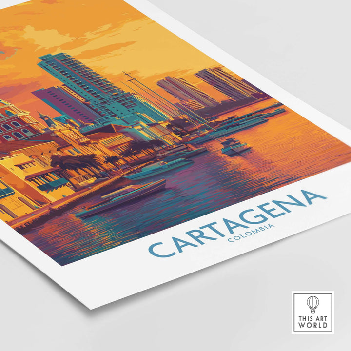 Cartagena Colombia Modern Skyline Art Print | Sunset Harbour Poster showcasing the sunset over the harbour with vibrant colors.