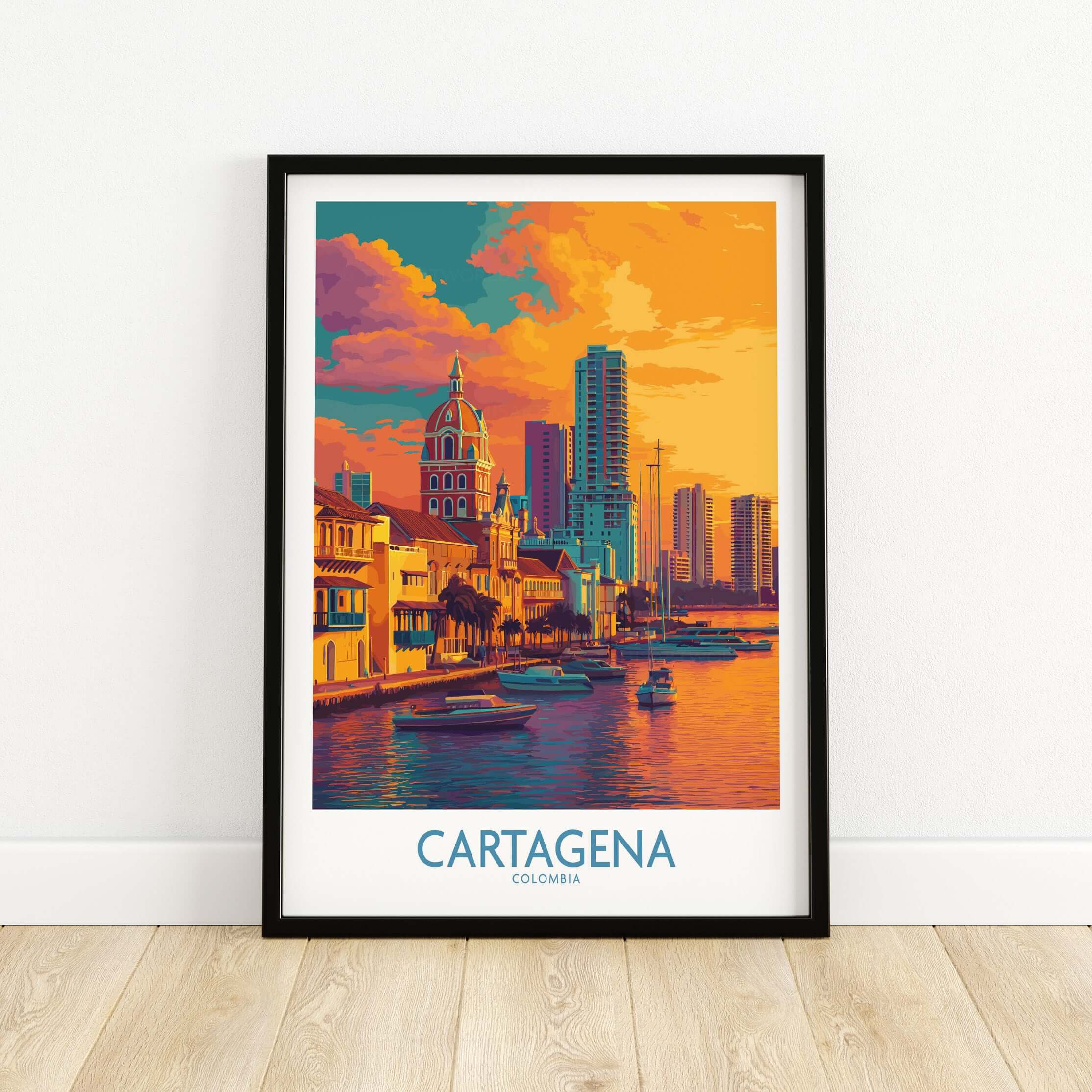 Cartagena Colombia Modern Skyline Art Print | Sunset Harbour Poster featuring a colorful sunset over the harbor.