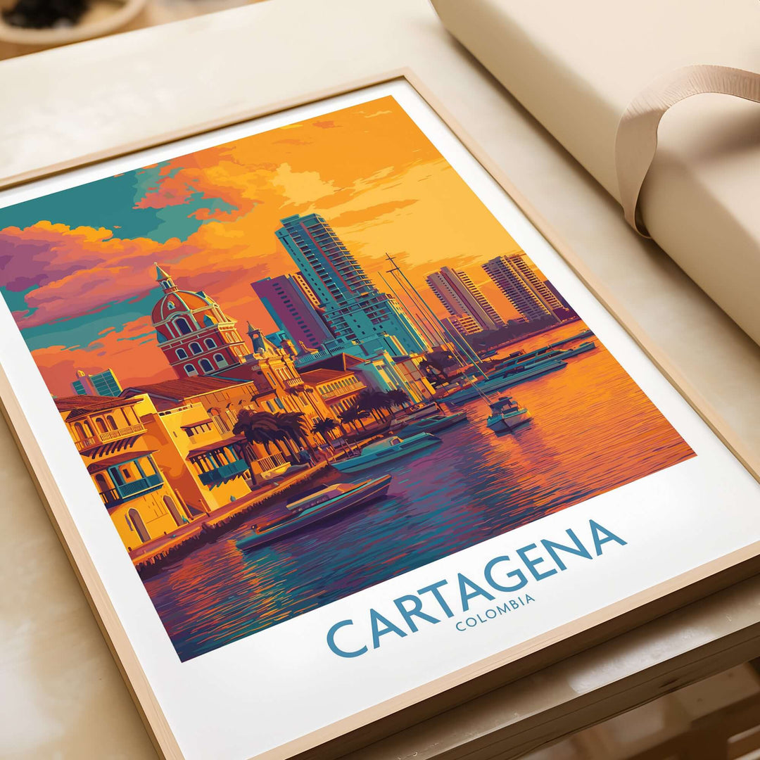 Cartagena Colombia Modern Skyline Art Print | Sunset Harbour Poster displayed on a table with vibrant colors.
