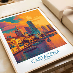 Cartagena Colombia Modern Skyline Art Print | Sunset Harbour Poster on display showcasing vibrant sunset colors.