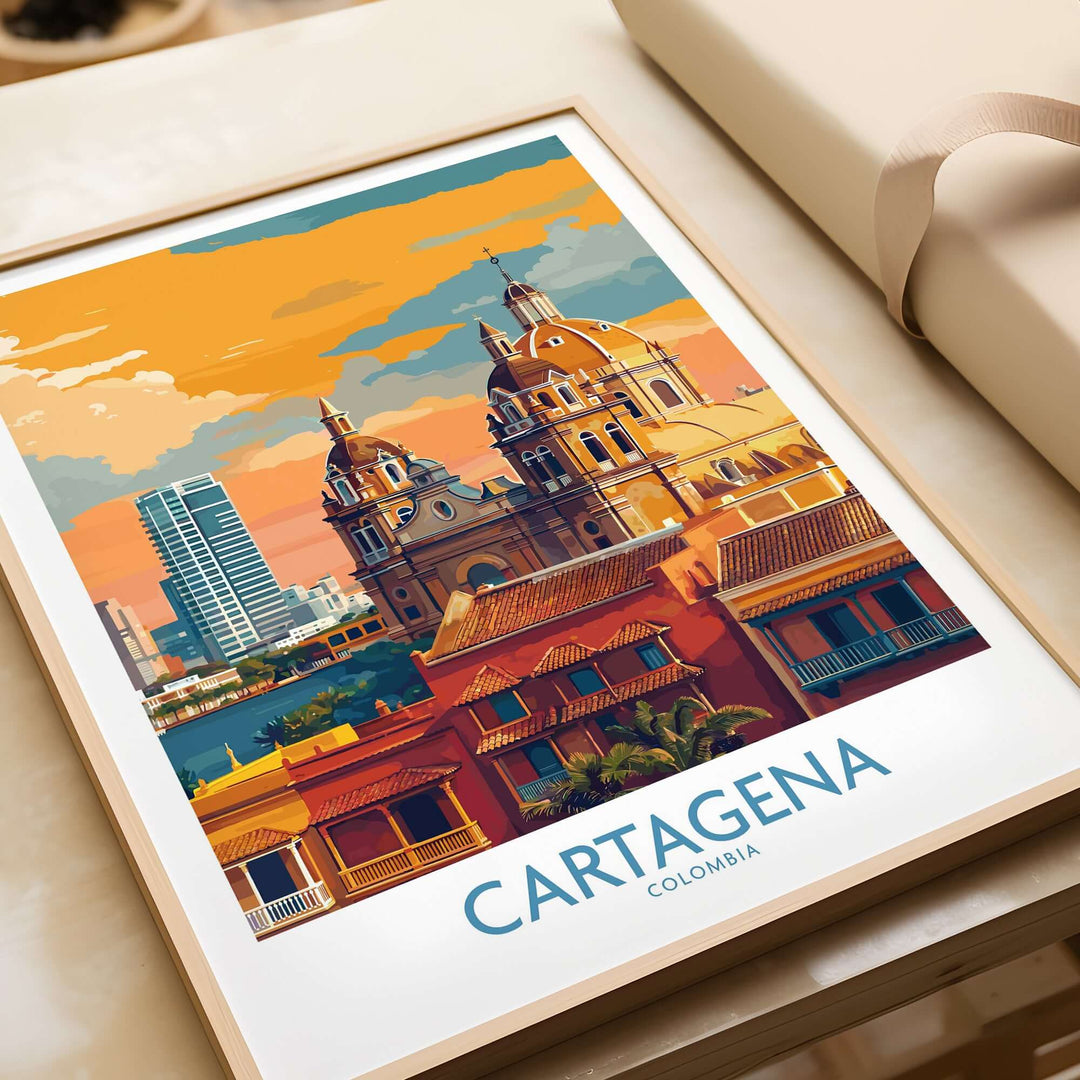 Cartagena Colombia Art Print | Walled City Travel Poster featuring vibrant architecture and sunset colors.
