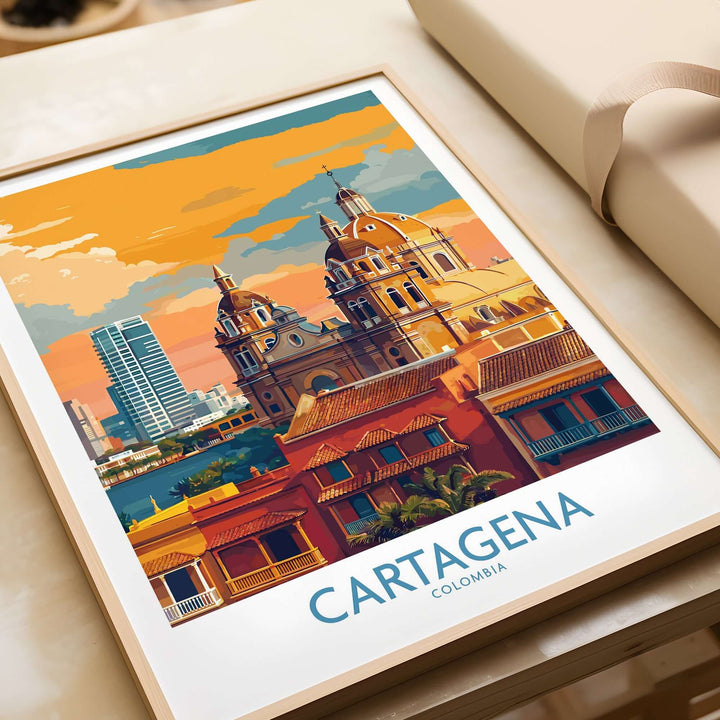 Cartagena Colombia Art Print | Walled City Travel Poster featuring vibrant architecture and sunset colors.