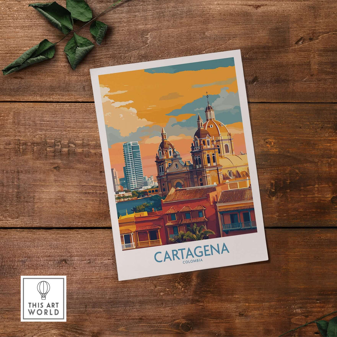 Cartagena Colombia Art Print | Walled City Travel Poster featuring vibrant architecture and colorful sunset.