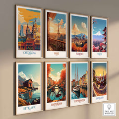 Cartagena Colombia Art Print | Walled City Travel Poster and other city travel posters displayed on a wall.