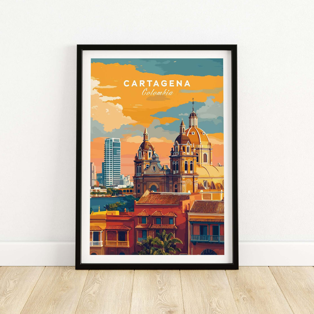 Cartagena Colourful Old Town Architecture Print | Caribbean Wall Decor showcasing vibrant buildings and iconic cathedral.