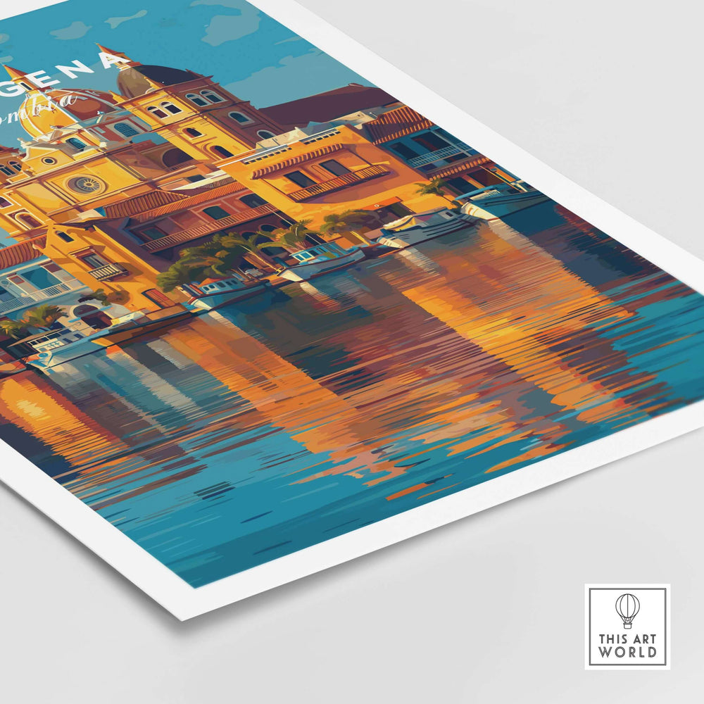 Cartagena Historic Waterfront Cityscape Print | Caribbean Home Decor featuring vibrant coastal architecture and reflections.