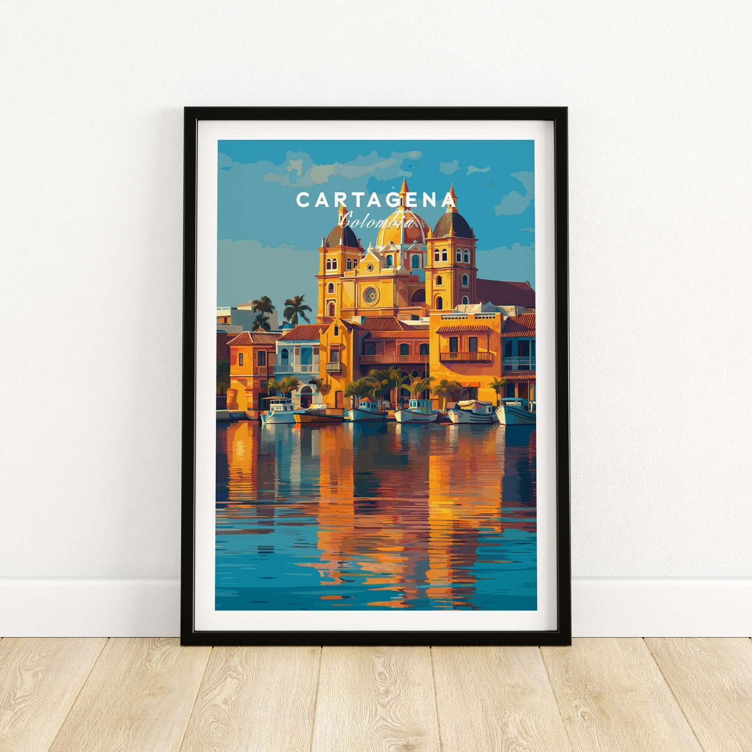 Cartagena Historic Waterfront Cityscape Print | Caribbean Home Decor framed artwork with colorful coastal buildings and reflections.