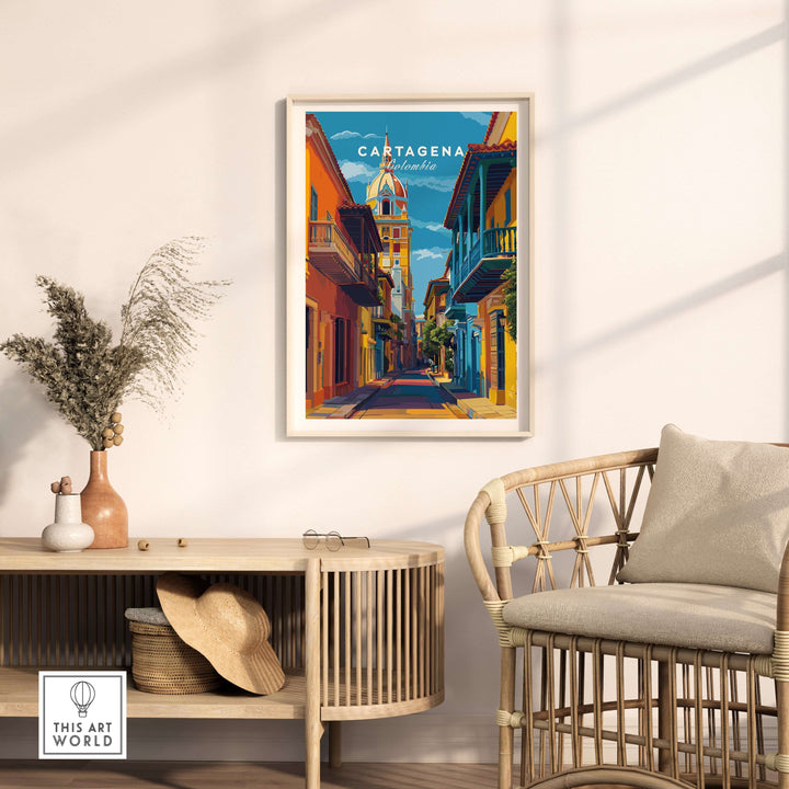 Cartagena Old Town View Print | Caribbean Architecture Wall Art displayed in a stylish living room setting.