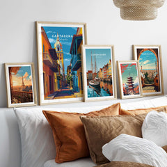 Cartagena Old Town View Print | Caribbean Architecture Wall Art displayed in stylish frames on a modern wall.