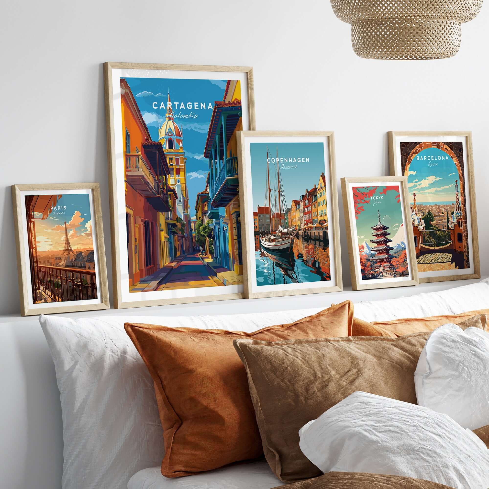 Cartagena Old Town View Print | Caribbean Architecture Wall Art displayed in stylish frames on a modern wall.