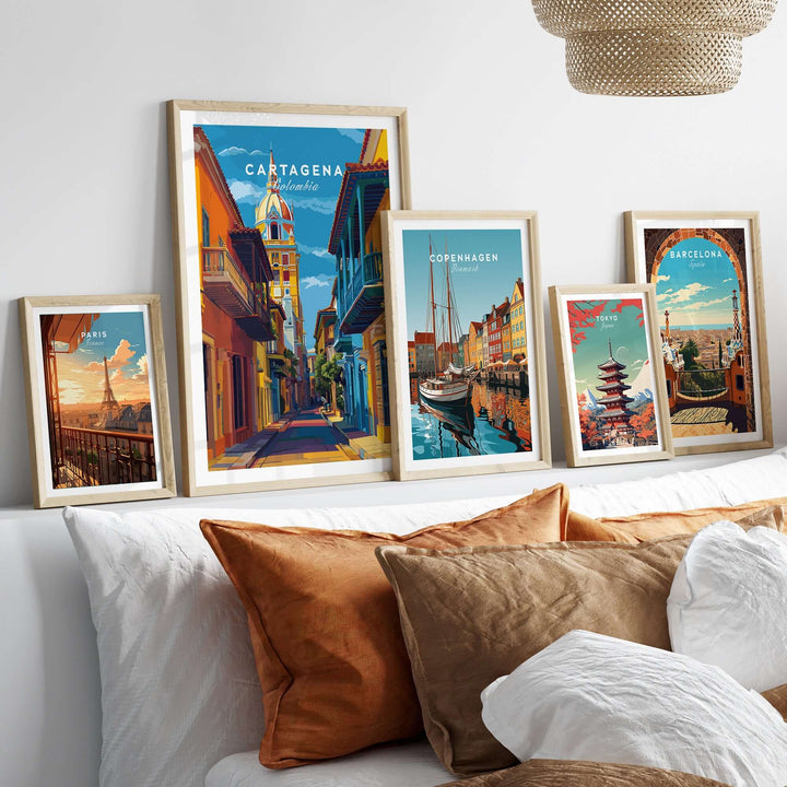 Cartagena Old Town View Print | Caribbean Architecture Wall Art displayed in stylish frames on a cozy sofa.