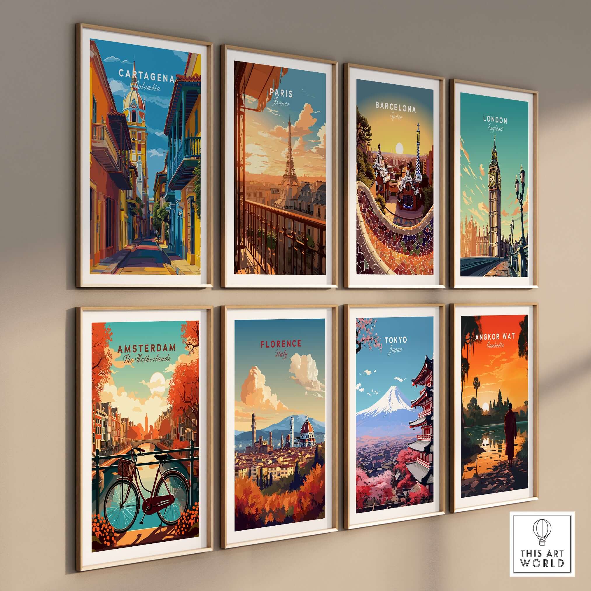 Cartagena Old Town View Print | Caribbean Architecture Wall Art displayed among other city prints on a gallery wall.