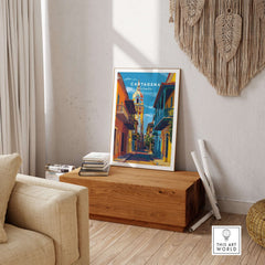 Cartagena Old Town View Print | Caribbean Architecture Wall Art displayed in a cozy living room setting.