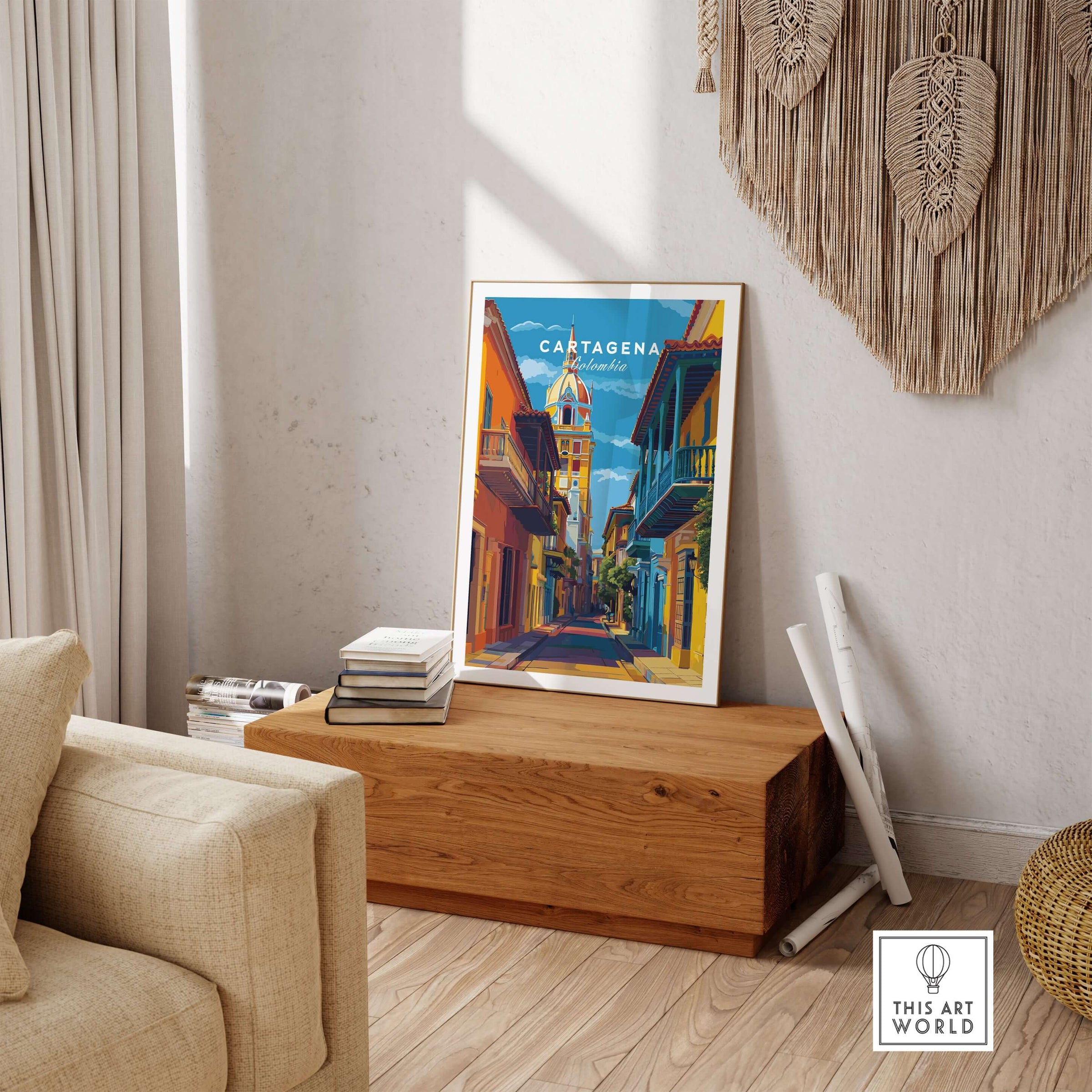 Cartagena Old Town View Print | Caribbean Architecture Wall Art displayed in a cozy living room setting.