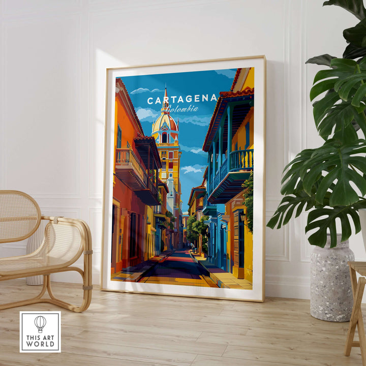 Cartagena Old Town View Print | Caribbean Architecture Wall Art displayed in a bright room, showcasing vibrant colors and design.