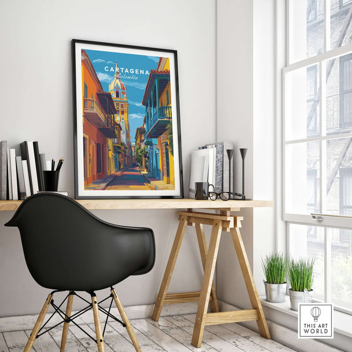 Cartagena Old Town View Print | Caribbean Architecture Wall Art displayed in a modern workspace with stylish decor.