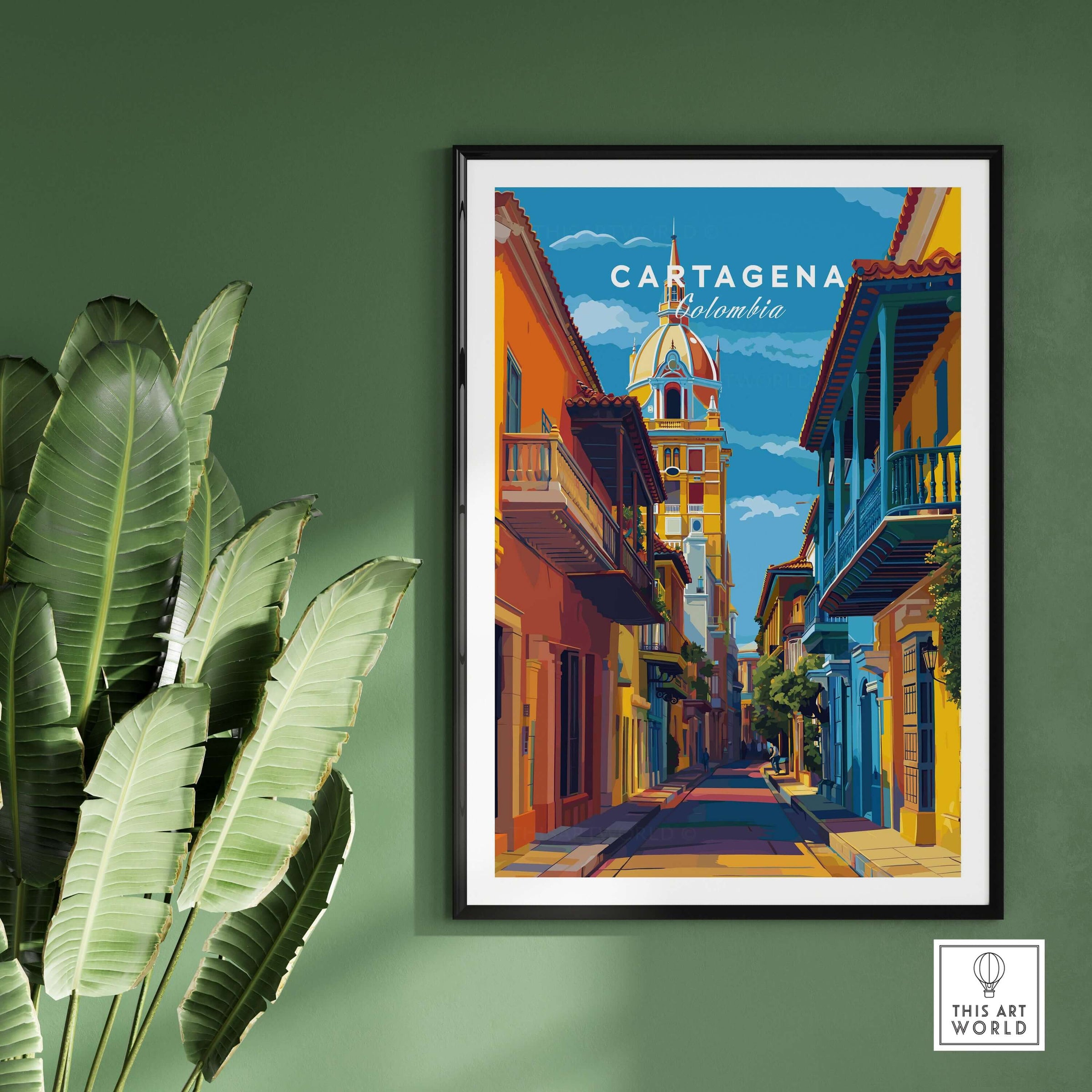 Cartagena Old Town View Print | Caribbean Architecture Wall Art on display with vibrant colors and tropical ambiance.
