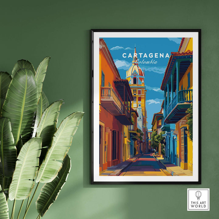 Cartagena Old Town View Print | Caribbean Architecture Wall Art framed on green wall with tropical plant