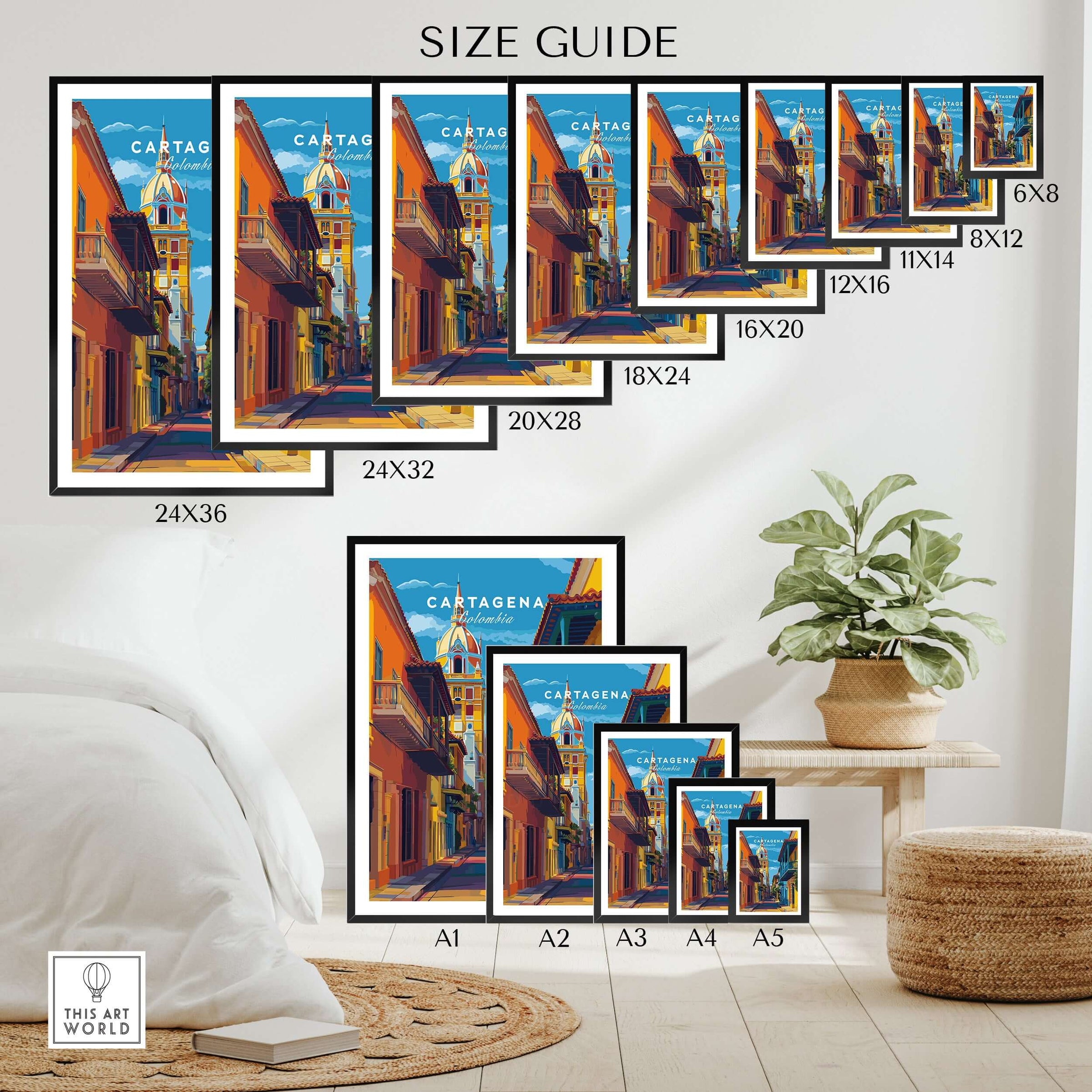 Cartagena Old Town View Print | Caribbean Architecture Wall Art size guide with different frame options displayed.