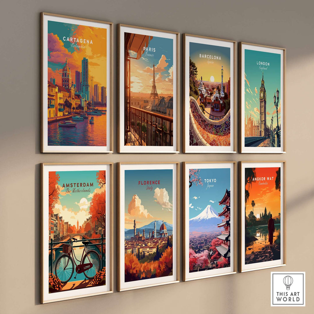 Cartagena Vibrant Tropical City View Print | Caribbean Travel Wall Art displayed among international travel posters.