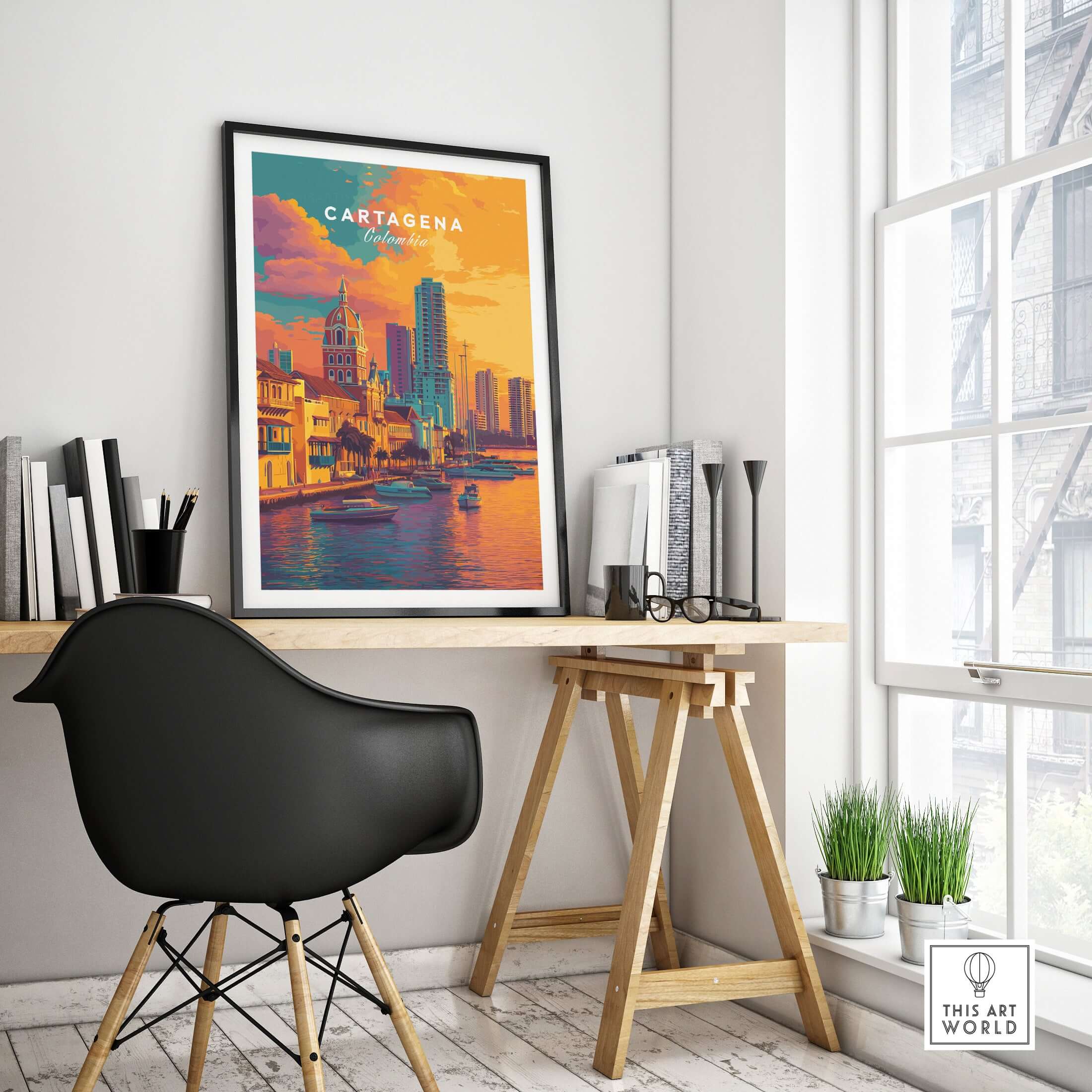 Cartagena Vibrant Tropical City View Print | Caribbean Travel Wall Art showcasing colorful urban scenery in a modern workspace.