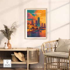 Cartagena Vibrant Tropical City View Print | Caribbean Travel Wall Art displayed in a cozy room with rattan furniture.