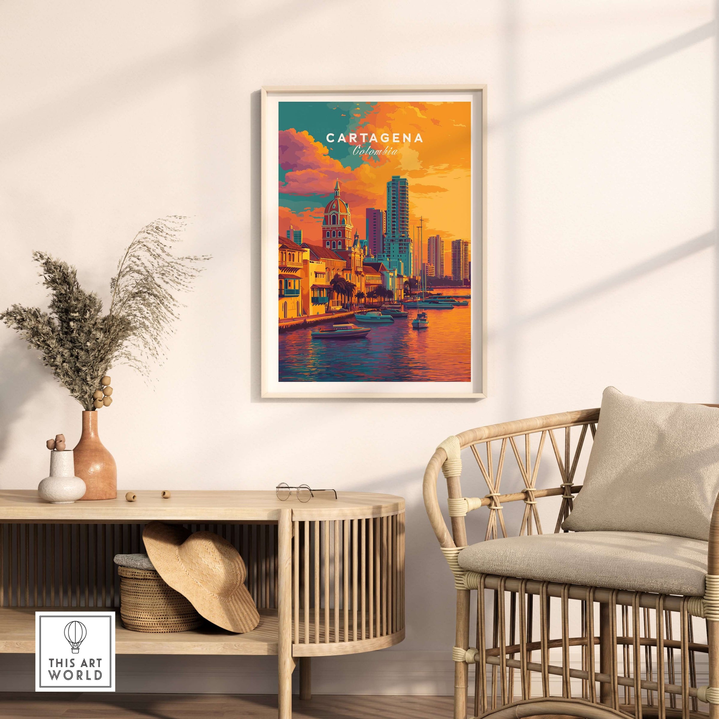 Cartagena Vibrant Tropical City View Print | Caribbean Travel Wall Art displayed in a cozy room with rattan furniture.