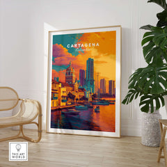 Cartagena Vibrant Tropical City View Print | Caribbean Travel Wall Art on display in a stylish living room.