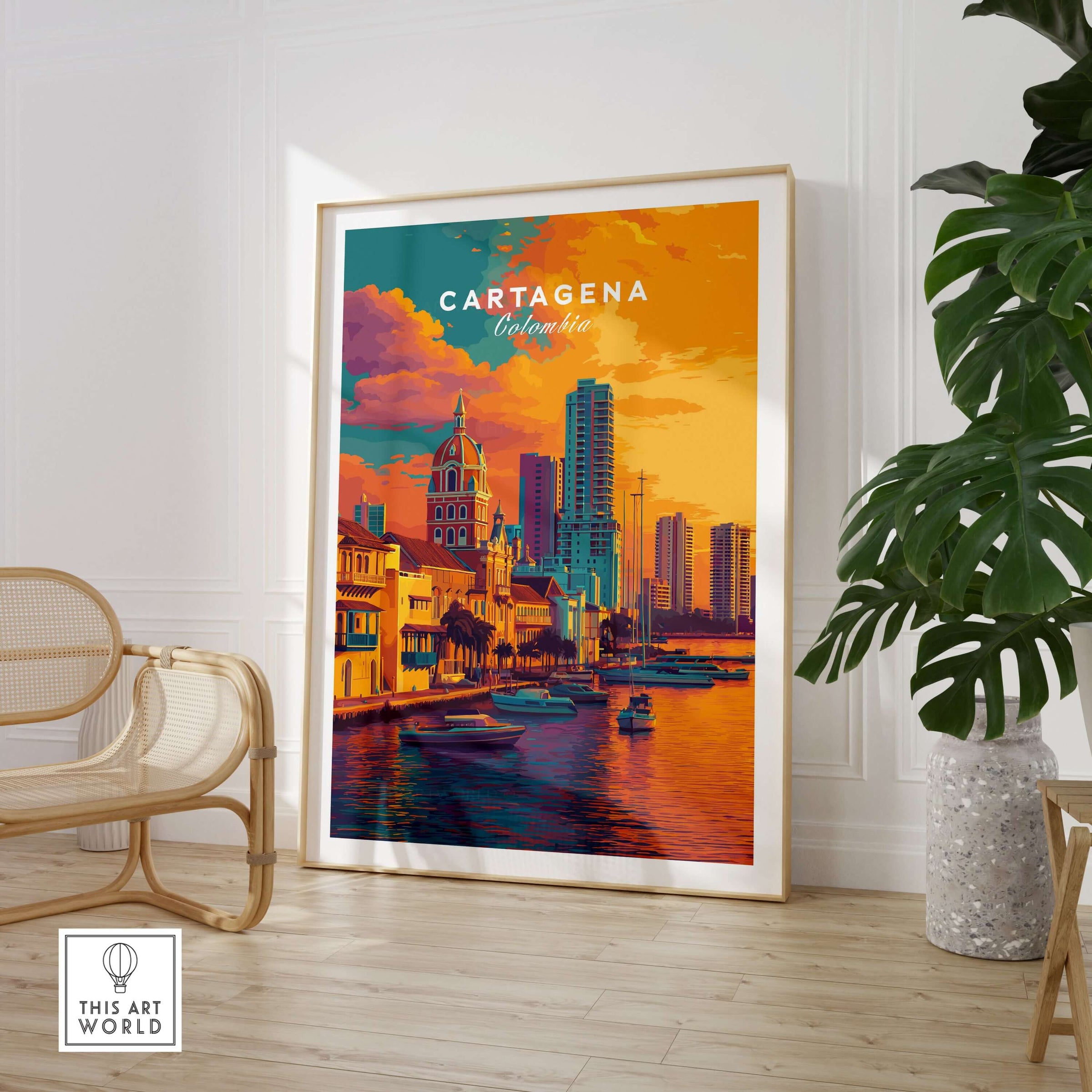 Cartagena Vibrant Tropical City View Print | Caribbean Travel Wall Art on display in a stylish living room.