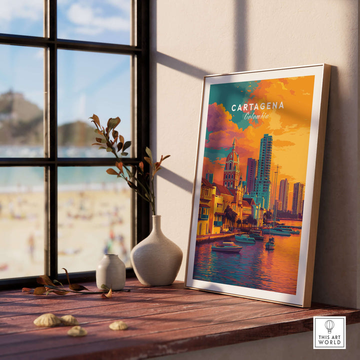 Cartagena Vibrant Tropical City View Print | Caribbean Travel Wall Art displayed in a stylish setting with a beach view.