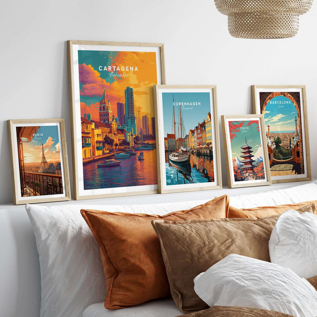 Cartagena Vibrant Tropical City View Print | Caribbean Travel Wall Art displayed in stylish frames on a cozy bed.
