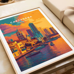 Cartagena Vibrant Tropical City View Print | Caribbean Travel Wall Art featuring a colorful cityscape and sunset.