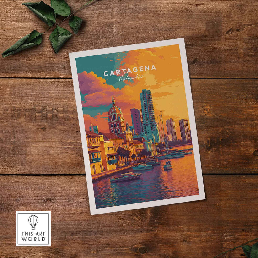 Cartagena Vibrant Tropical City View Print | Caribbean Travel Wall Art, colorful illustration of Cartagena's skyline at sunset.