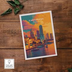 Cartagena Vibrant Tropical City View Print | Caribbean Travel Wall Art on wooden background with greenery.