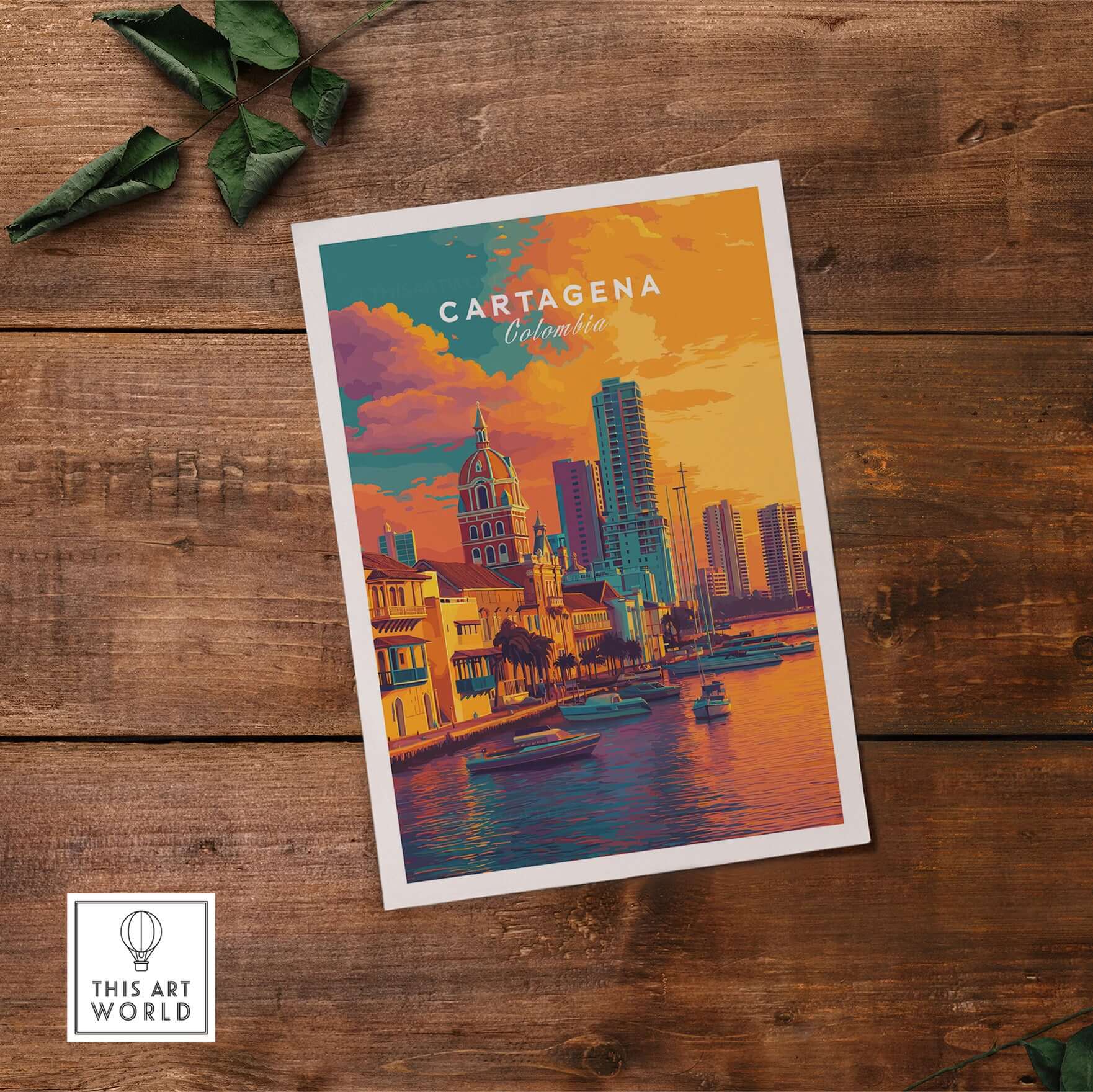 Cartagena Vibrant Tropical City View Print | Caribbean Travel Wall Art on wooden background with greenery.