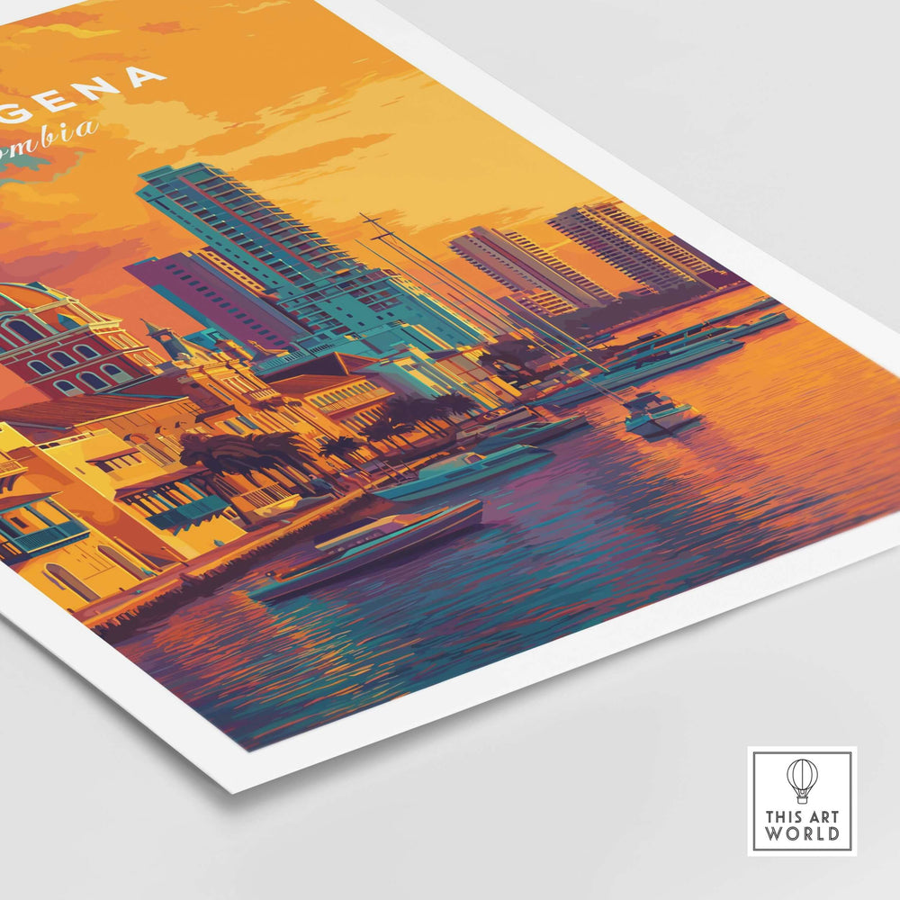 Cartagena Vibrant Tropical City View Print | Caribbean Travel Wall Art featuring a colorful city skyline and boats.