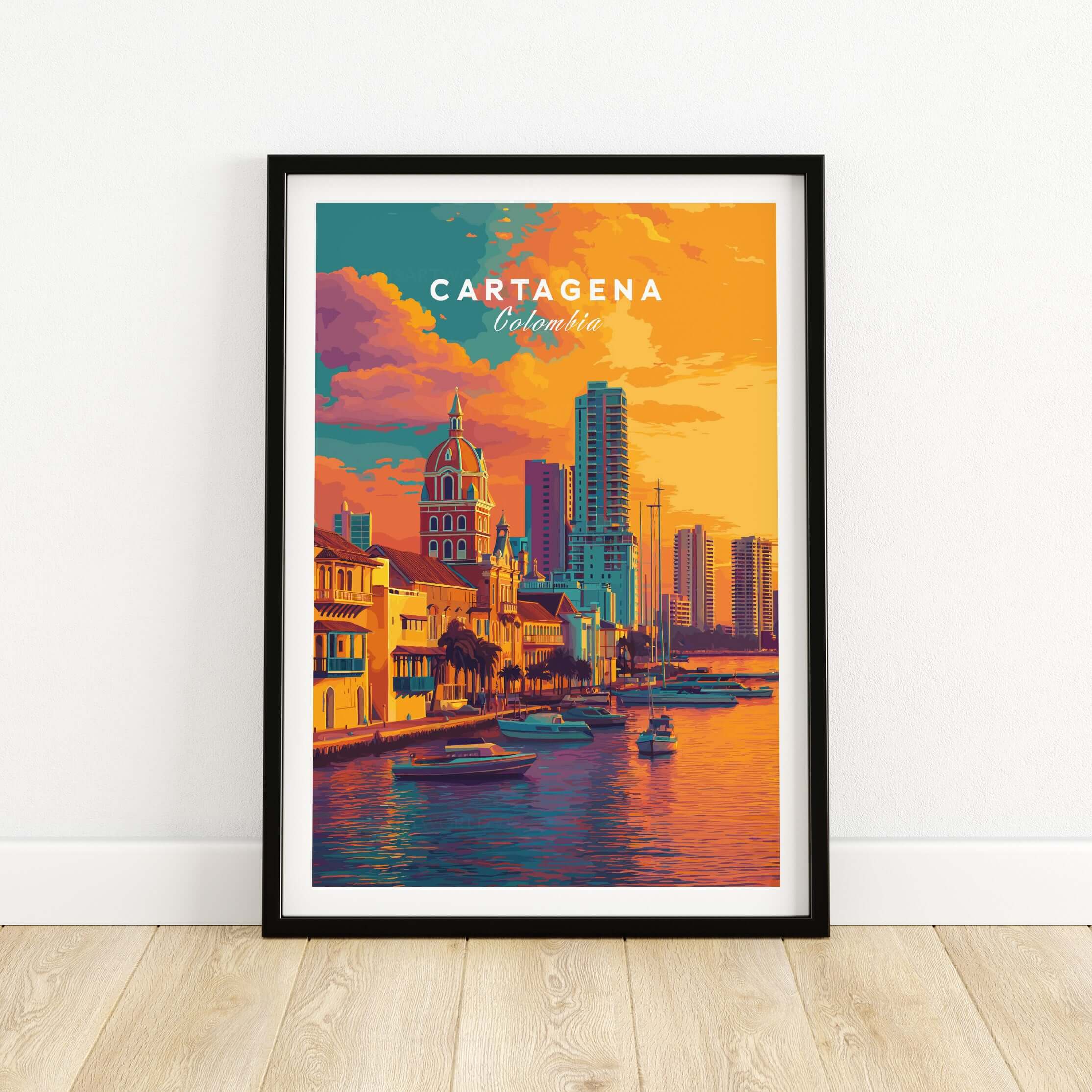 Cartagena Vibrant Tropical City View Print | Caribbean Travel Wall Art showcasing colorful cityscape and waterfront.