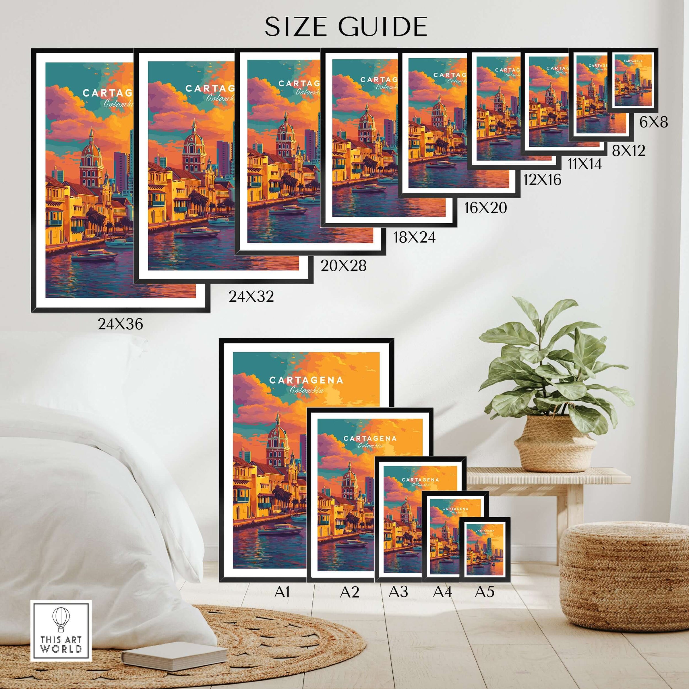 Cartagena Vibrant Tropical City View Print | Caribbean Travel Wall Art size guide display with various frame sizes.
