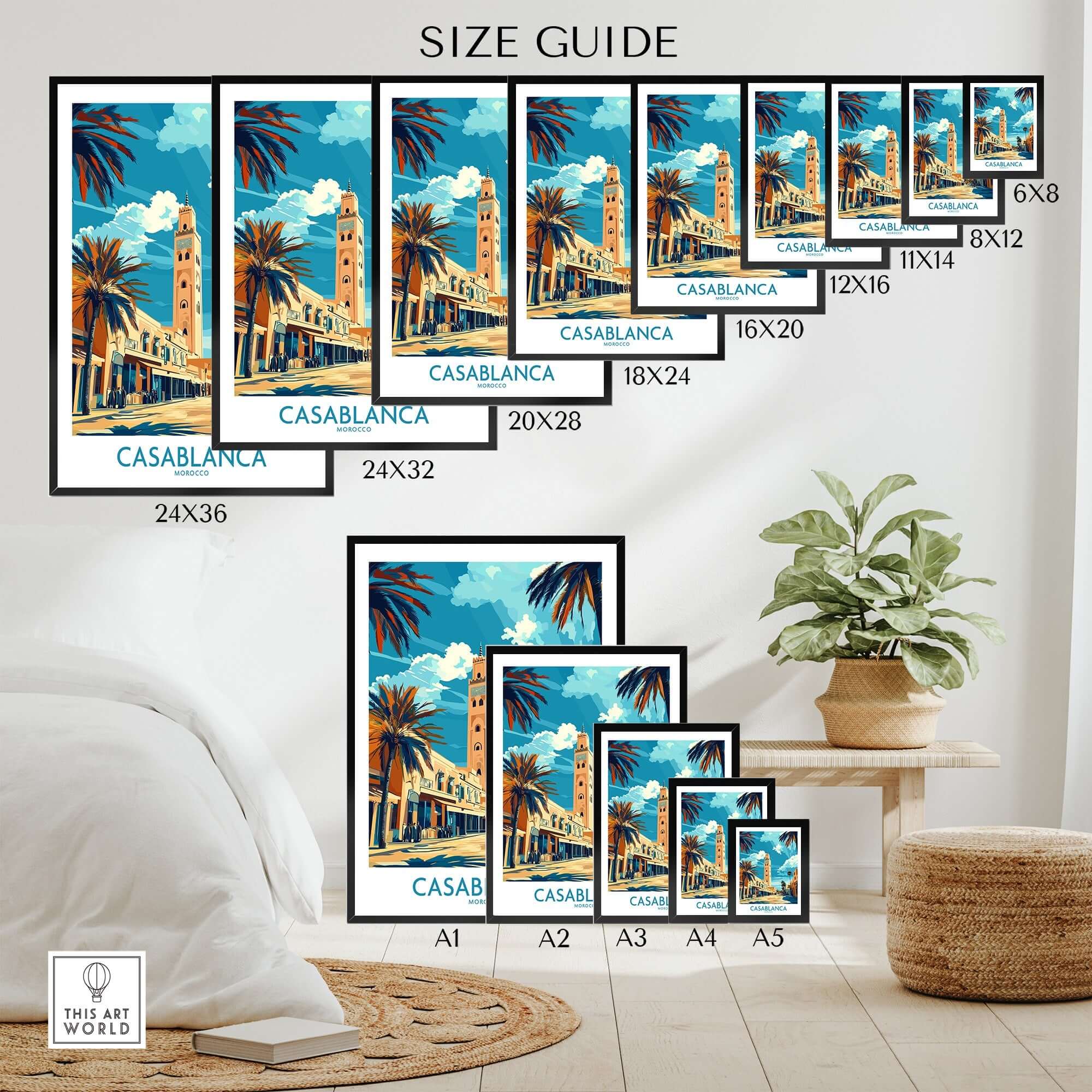 Casablanca Poster size guide displaying various frame sizes for the iconic Casablanca city artwork.