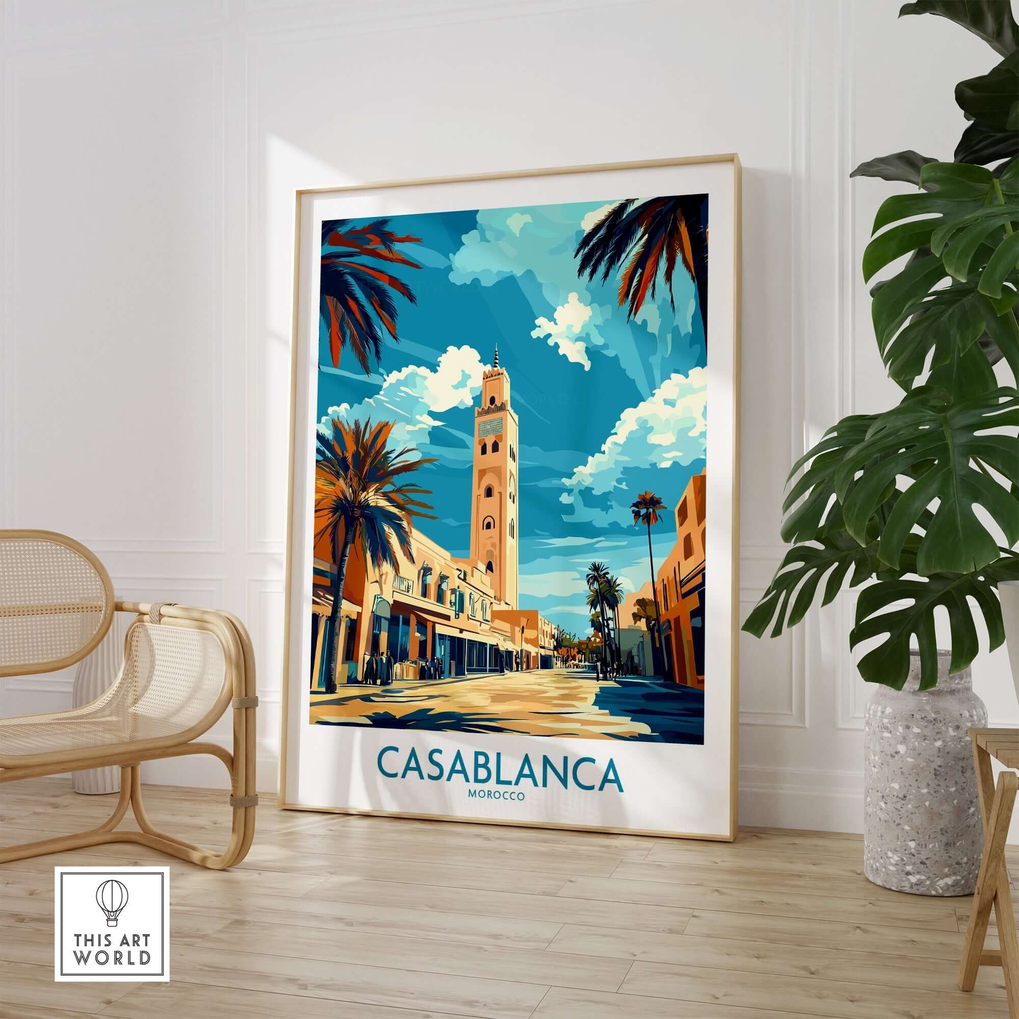 Casablanca Poster showcasing the vibrant architecture and culture of Casablanca, Morocco with palm trees and a blue sky.