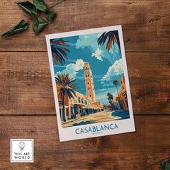 Casablanca Poster showcasing vibrant architecture and palm trees in a picturesque street scene in Morocco.