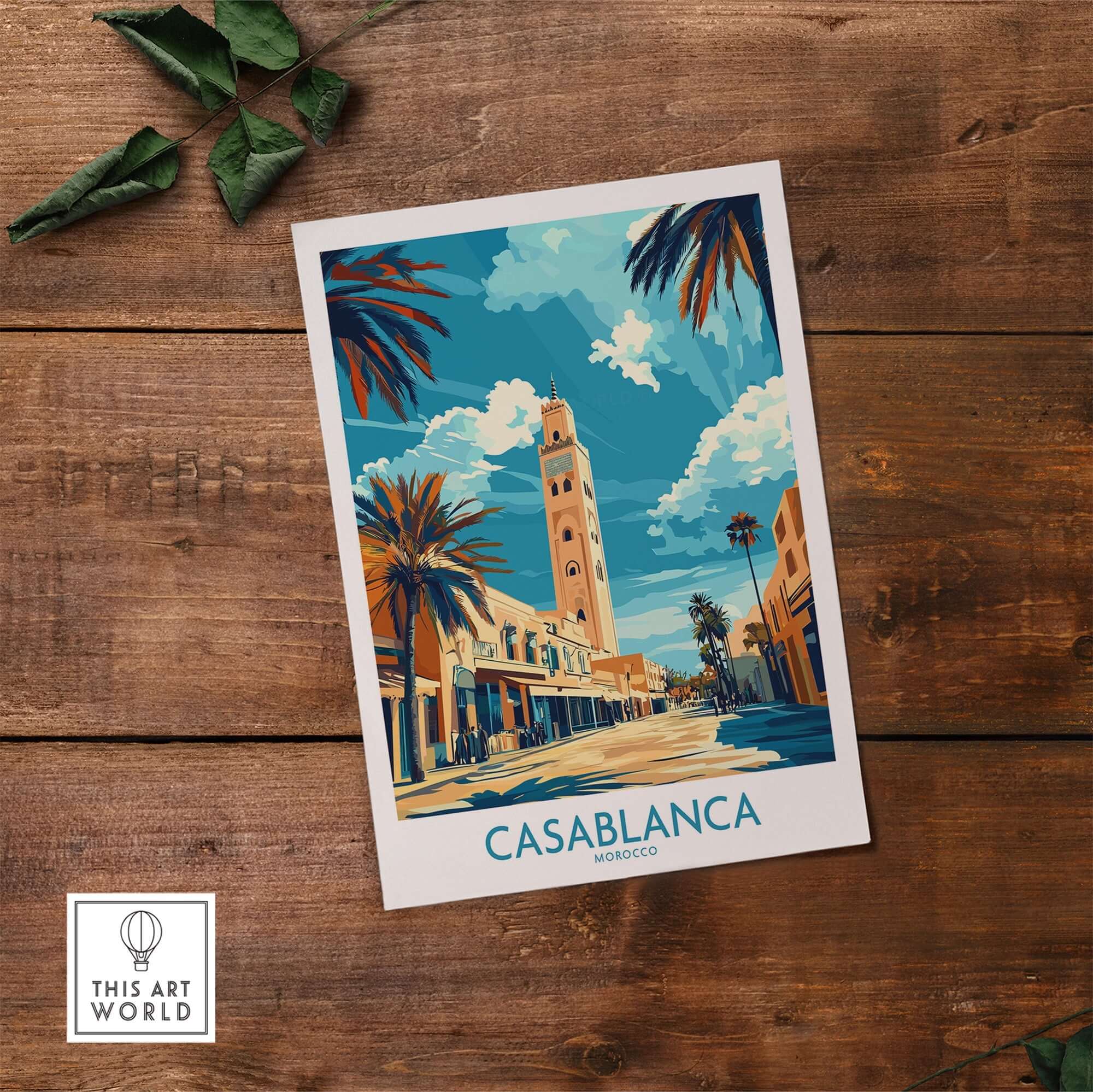Casablanca Poster showcasing vibrant architecture and palm trees in a picturesque street scene in Morocco.