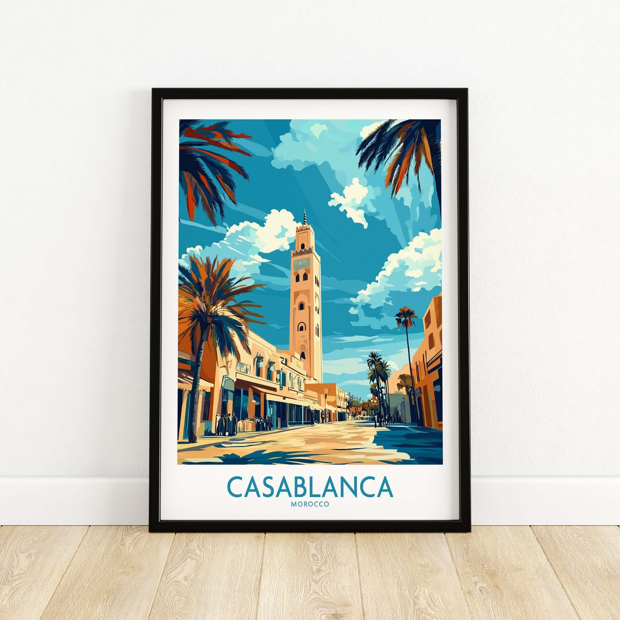 Casablanca Poster featuring vibrant city architecture and palm trees in a stunning design, ideal for home decor.