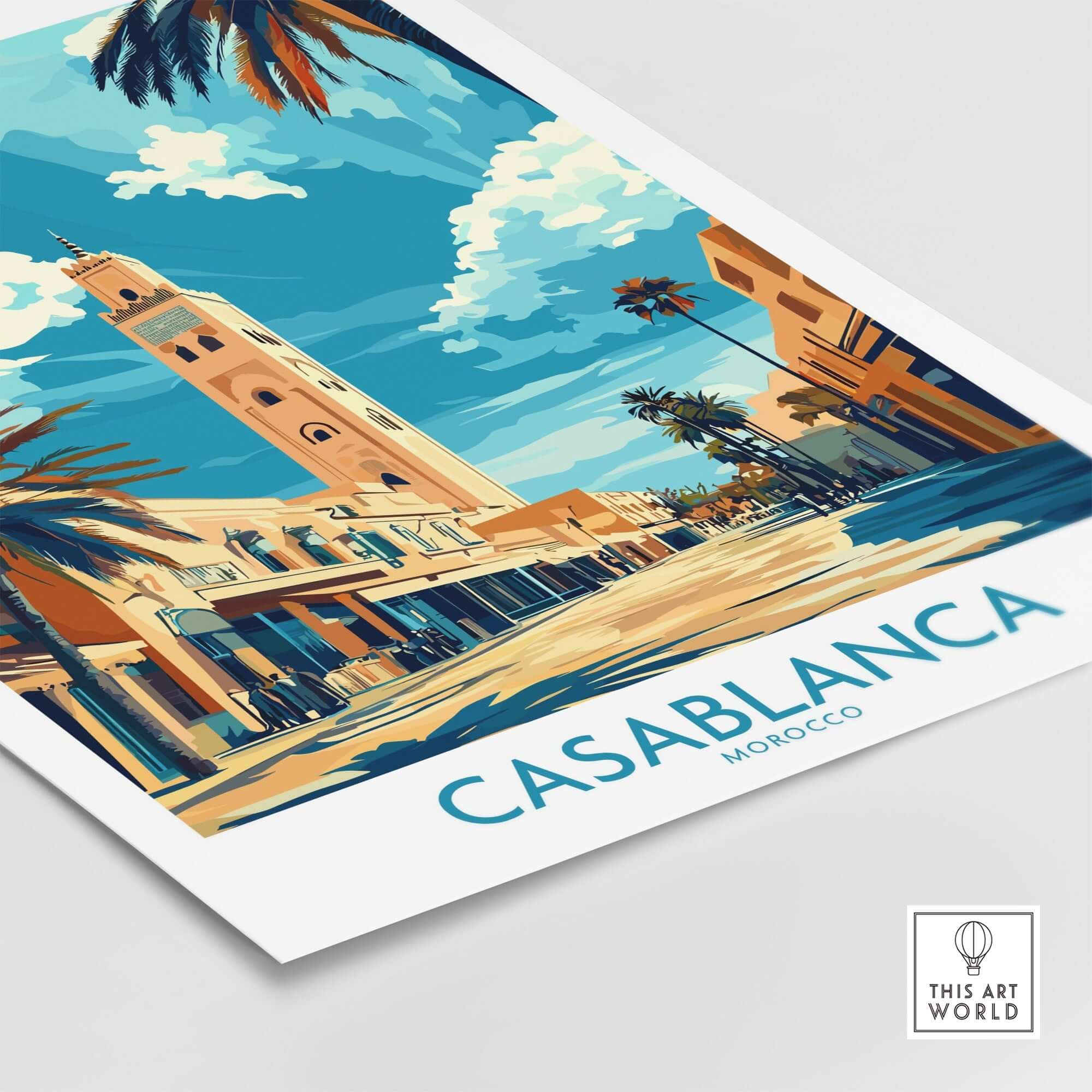Casablanca Poster featuring vibrant architecture and palm trees in Morocco, capturing the essence of the iconic city.