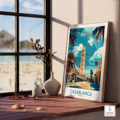 Casablanca Poster showcasing vibrant architecture and palm trees by a window with a beach view.
