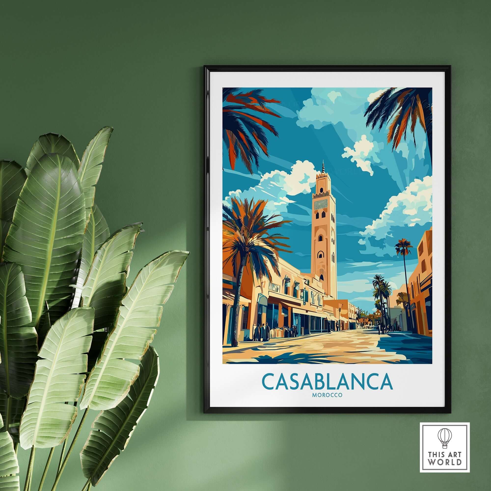 Casablanca Poster featuring the iconic city architecture and vibrant culture of Morocco.