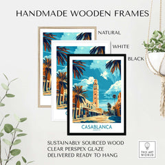 Handmade wooden frames displaying a Casablanca Poster with natural, white, and black options.