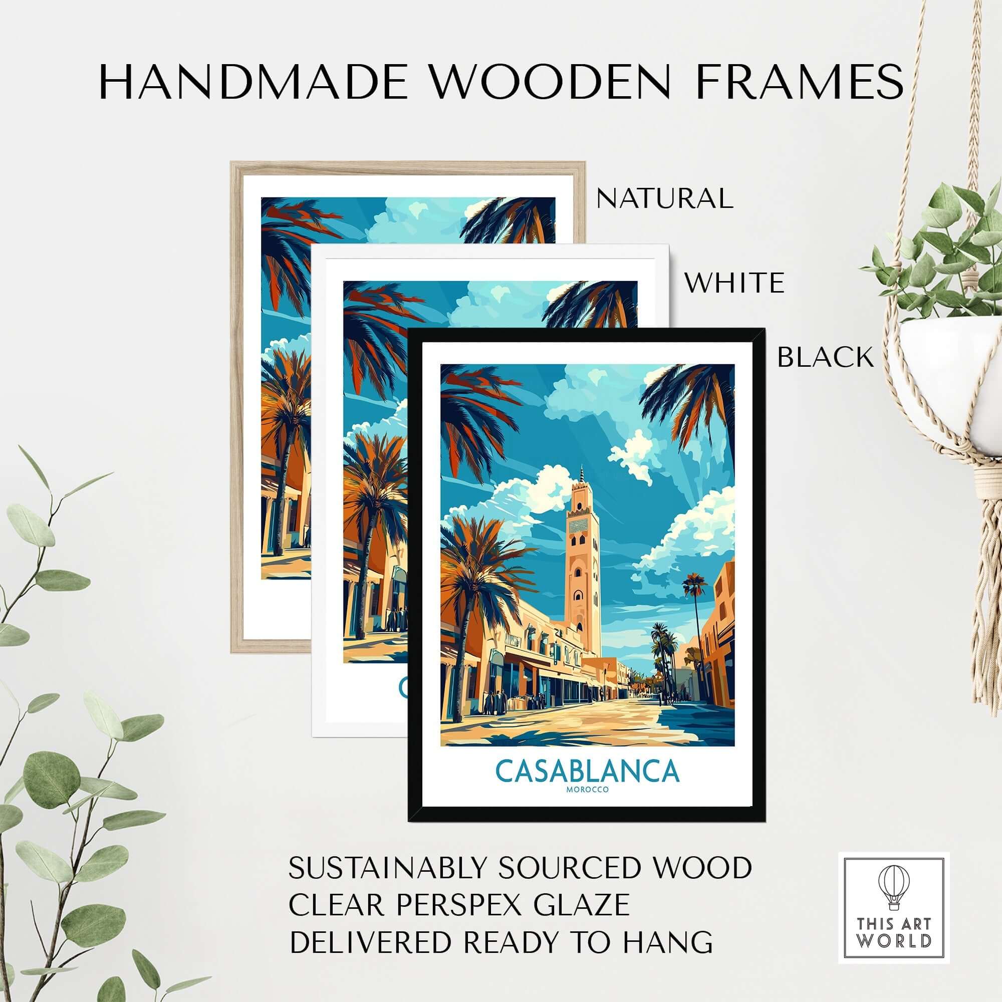 Handmade wooden frames displaying a Casablanca Poster with natural, white, and black options.