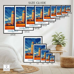 Casablanca Poster Morocco size guide showcasing various dimensions and placements in an elegant interior setting.