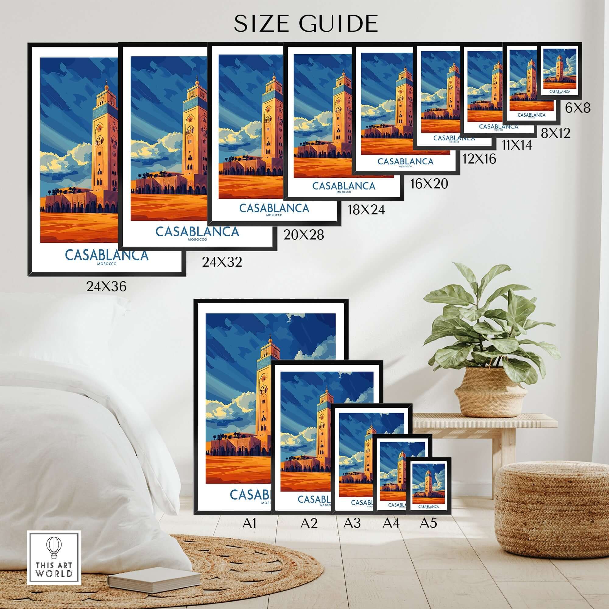 Casablanca Poster Morocco size guide showcasing various dimensions and placements in an elegant interior setting.
